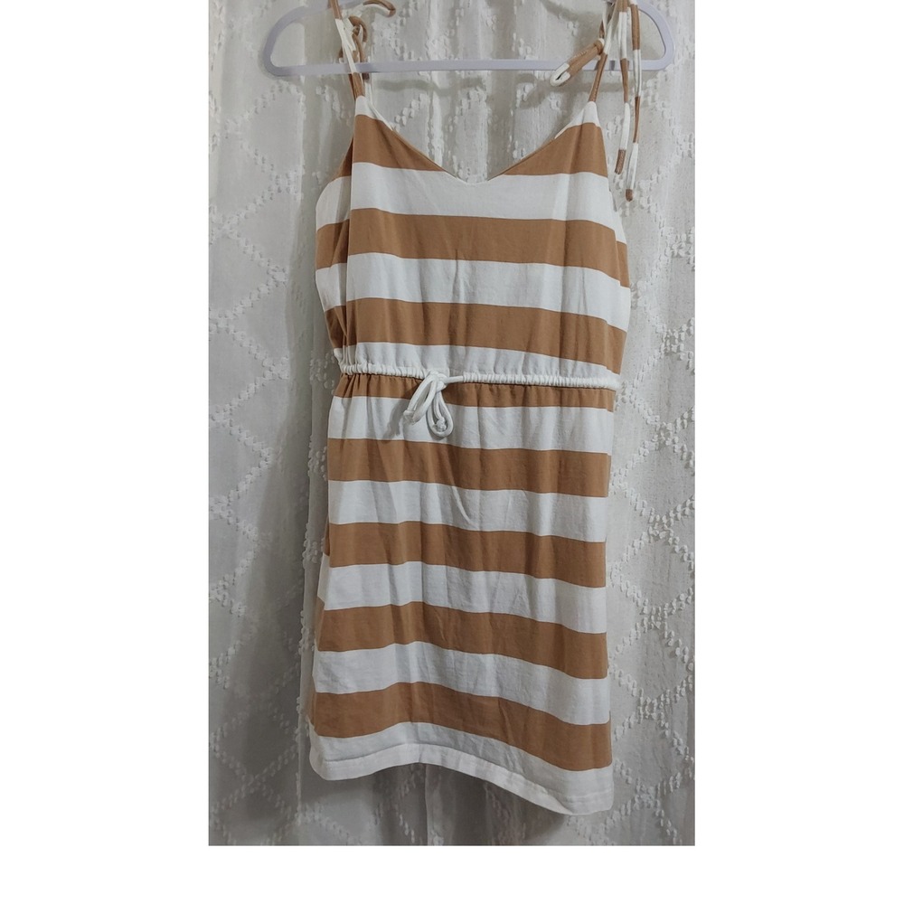 Pink Lily Tan White Striped Tie Shoulder Elastic Waist Mini Dress Medium